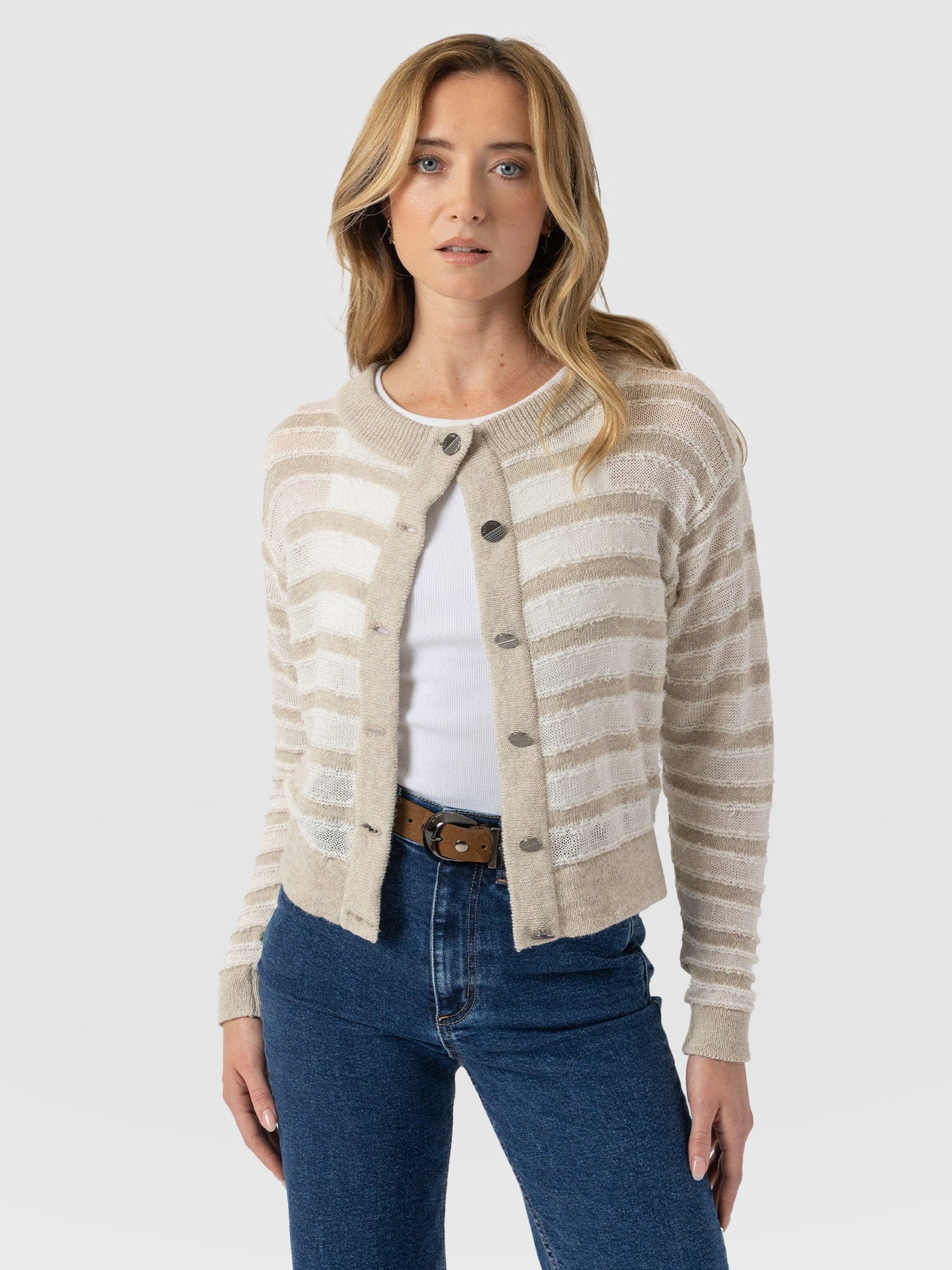 Fearne Knit Cardigan - Cream Stripe - Women's Cardigans | Saint + Sofia® USA